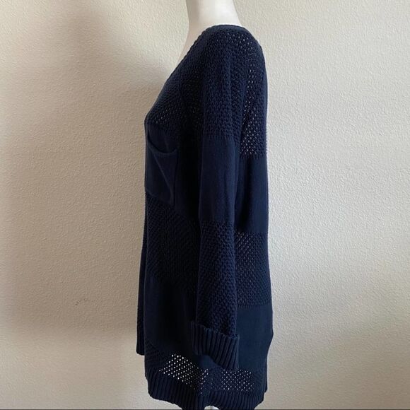 𝅺white + Warren Navy Blue Stripe Closed Open Knit Cotton Sweater Tunic Large - Picture 3 of 6